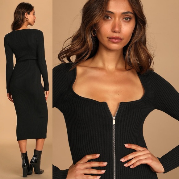Cozy Right Up Black Knit Long Sleeve Zip-Front Midi Dress - Picture 2 of 3